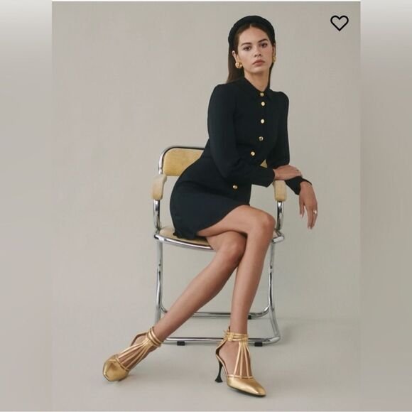 Reformation Hugh Black Collared Long Sleeve Mini Dress Gold Button Down Size 8 - Picture 4 of 10